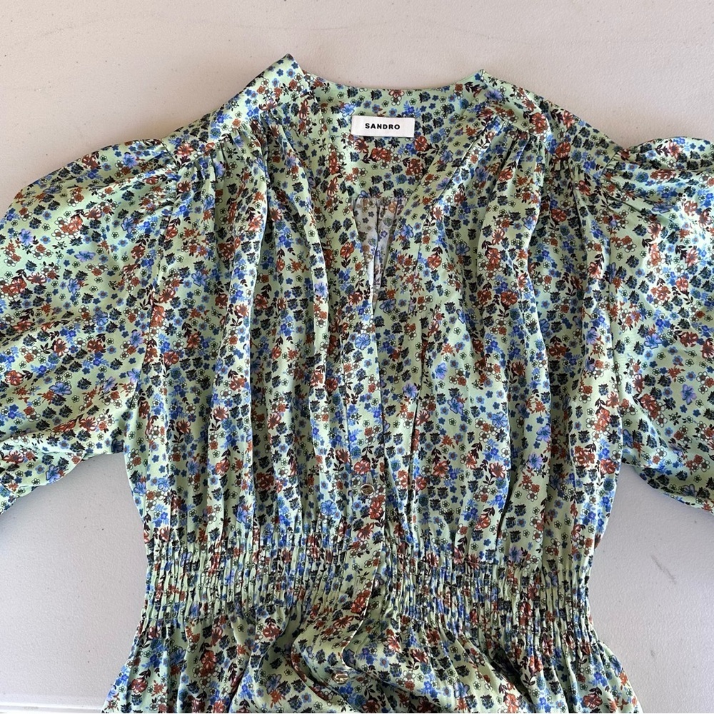 Sandro Provence Floral Smocked Waist Midi
Dress In Light Green Size 34 (4-6) - Picture 7 of 13